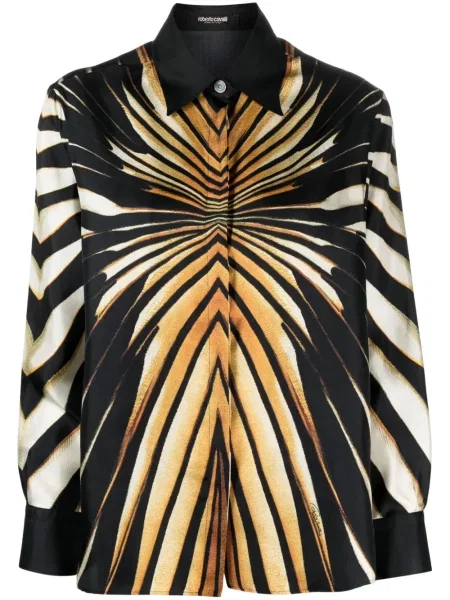 Cămașă Roberto Cavalli de mătase cu imagine cu imprimeu abstract negru