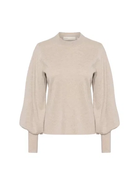 Sweter Inwear w kolorze melanż z bufiastymi rękawami beżowy