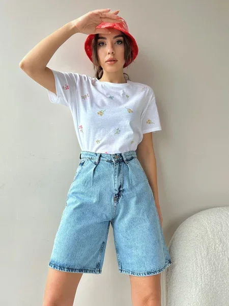 Bermudy Trend Alaçatı Stili z wysoką talią niebieskie