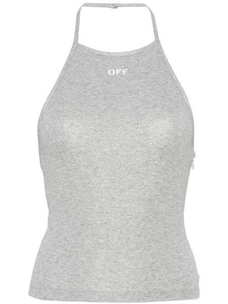 Top Off-white cu imagine cu gât halter alb