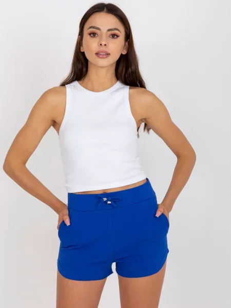 Pantaloni scurți Fashionhunters cu talie înaltă albastru