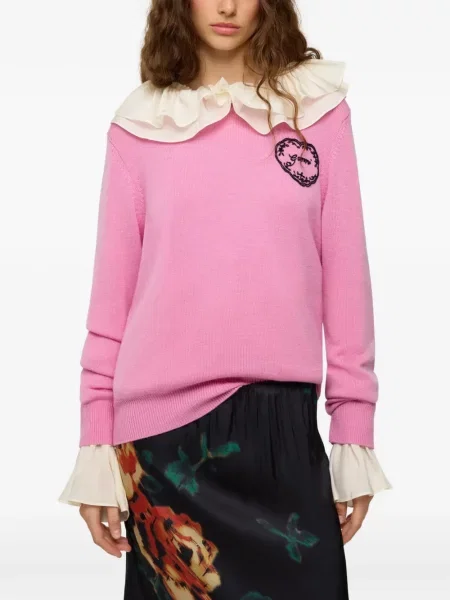 Пуловер Ganni бродиран със сърца розово