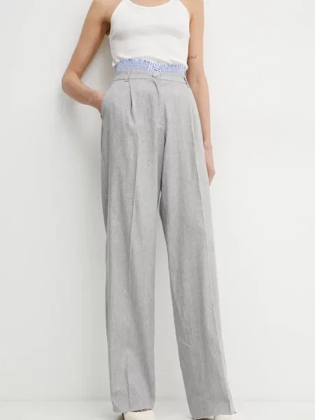 Marella spodnie lniane AUTOCAR fason cygaretki high waist szary