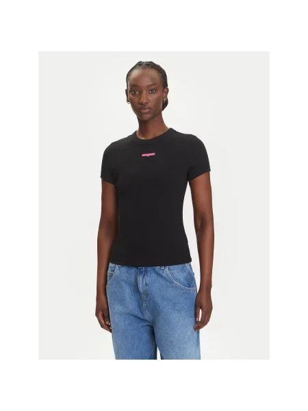 Tommy Jeans Marškinėliai Script Label Slim Fit juoda