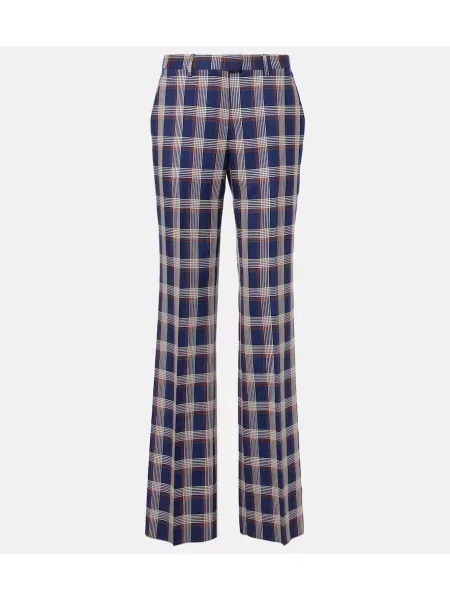 Pantaloni Etro cu talie înaltă de lână în carouri albastru