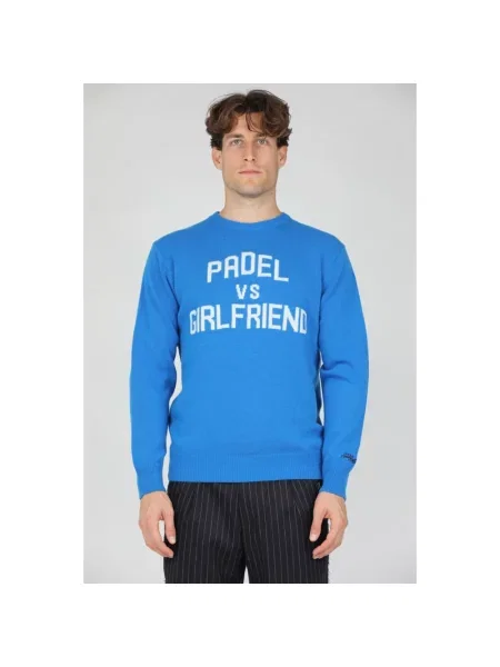 Sweter Mc2 Saint Barth z nadrukiem z dekoltem w serek żakardowy niebieski