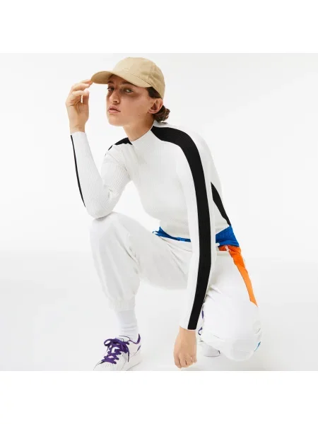 Lacoste Sweter Bezszwowy Z Kontrastowymi Paskami biały