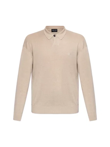 Lniany sweter Giorgio Armani z logo beżowy