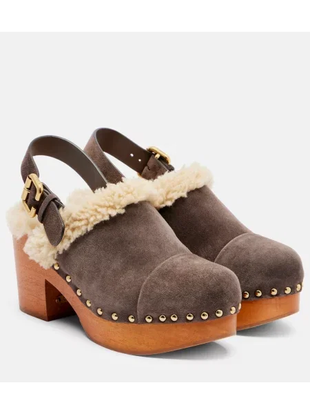 Saboți Chloé din piele de căprioară cu pană maro