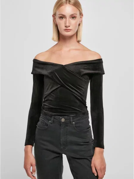 Tricou Urban Classics de catifea cu mâneci lungi negru