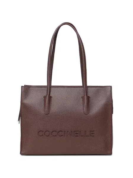 Geantă shopper Coccinelle din piele cu autograf maro