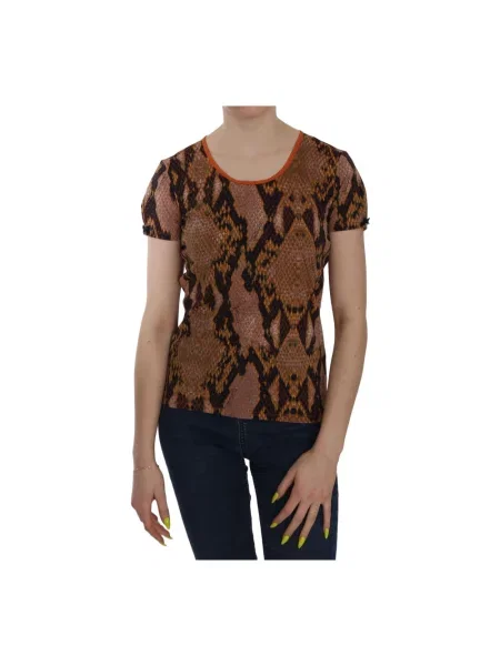 Koszulka Just Cavalli skórzana z nadrukiem z krótkim rękawem brązowa