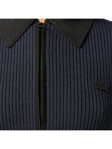 Lacoste Sukienka Z Długim Rękawem Half Zip W Paski Classic Fit czarna