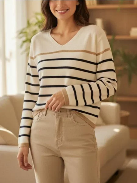 Смугастий Светр із V-Подібним Вирізом білий