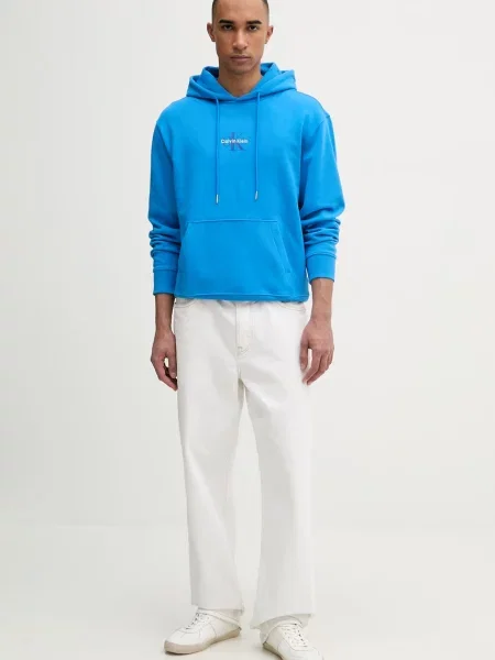Calvin Klein Jeans pulover s kapuco bombažen modra