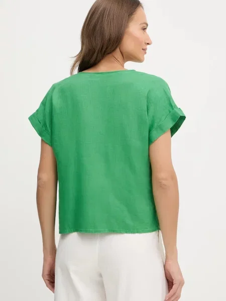 Льняна блузка United Colors of Benetton однотонна зелений