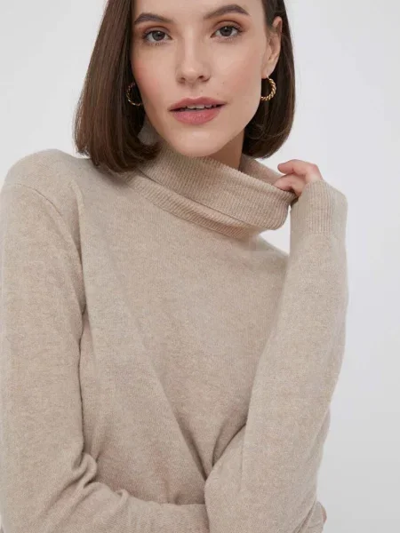 United Colors of Benetton pulover de lana femei light cu guler bej