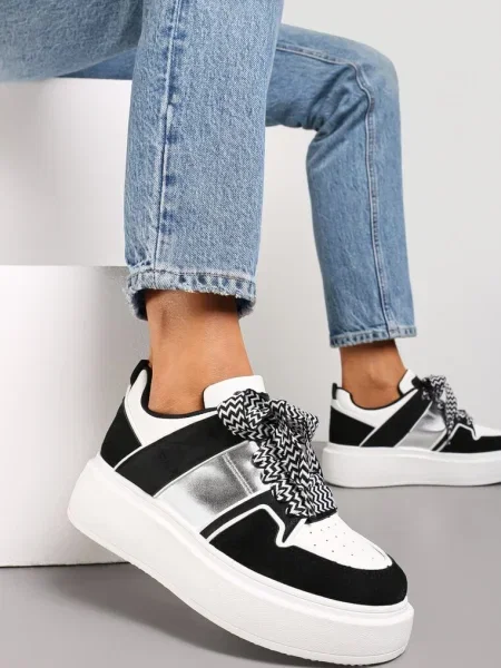 Sneakers Albi-Negri cu Cusături și Șireturi Decorative pe Talpă Groasă Timarel alb