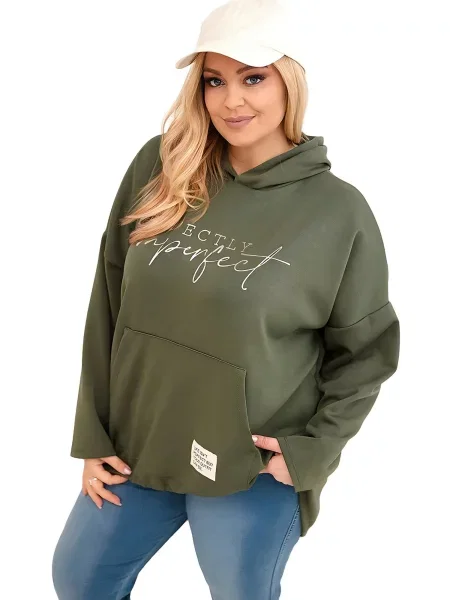 Plus size mikina s potiskem khaki bílá
