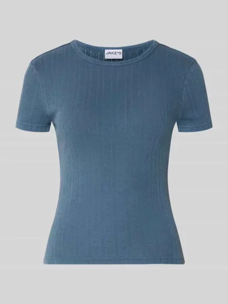 T-shirt z dzianiny o wzorze pointelle z okrągłym dekoltem Jake*s Casual niebieska