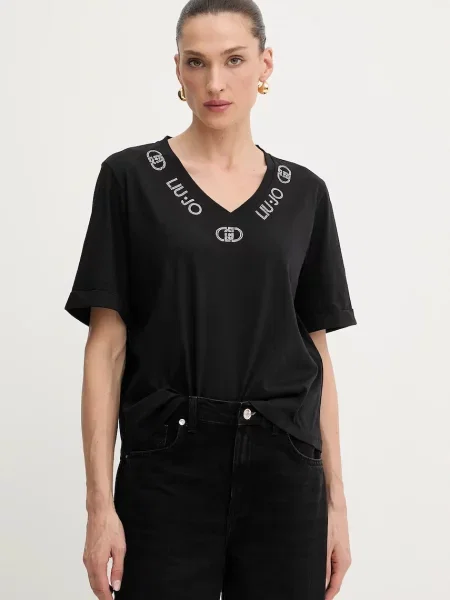 Koszulka Liu Jo z dekoltem w serek z kamieniami czarna