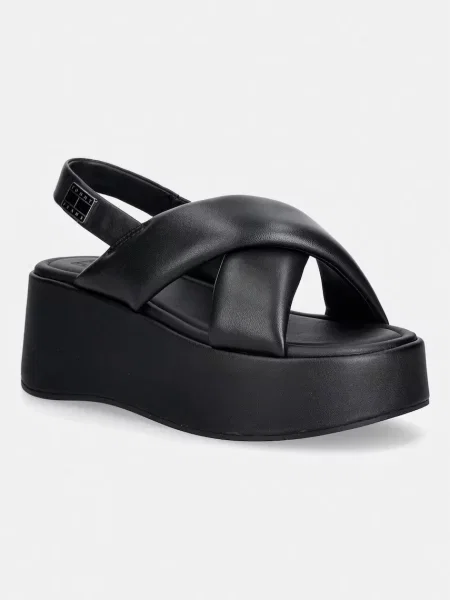 Tommy Jeans sandale cu platformă de damă de piele TJW PADDED STRAPS WEDGES negru