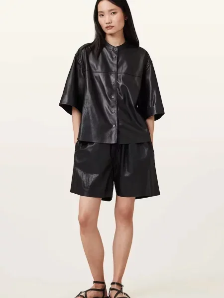 AllSaints pantaloni scurți de piele ARLA uni high waist negru