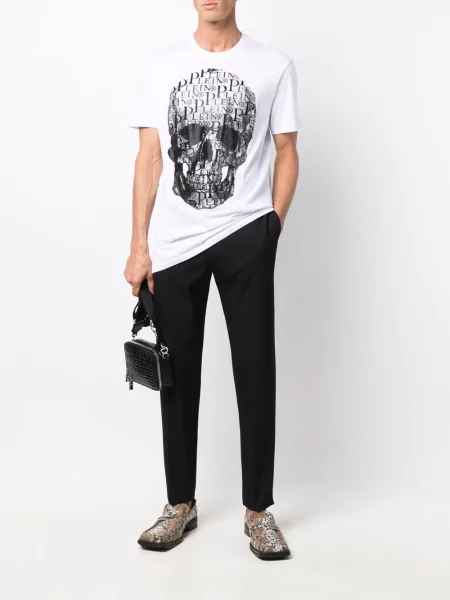 Raštuotas marškinėliai Philipp Plein apvaliu kaklu balta