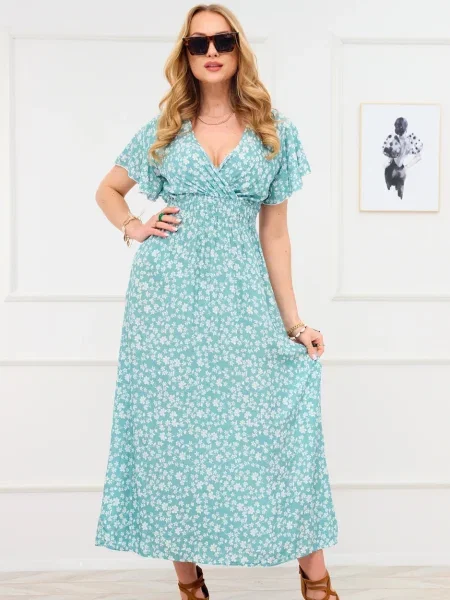 Rochie maxi Resti cu model floral lungă de costum alb