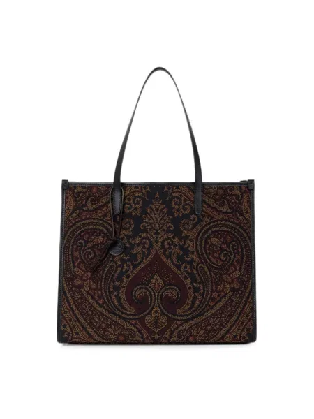 Shopperka Etro skórzana z nadrukiem z wzorem paisley brązowa