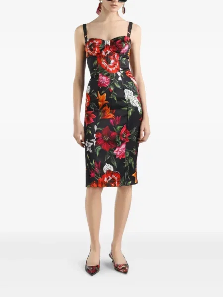 Gėlėta raštuota midi suknelė Dolce & Gabbana iki kelių juoda