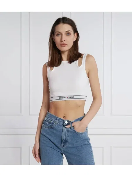 Top din denim Tommy Jeans cu autograf alb