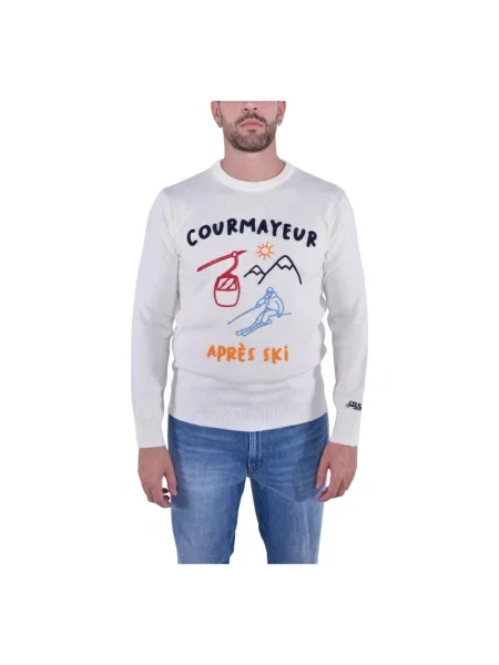 Sweter Mc2 Saint Barth wełniany z okrągłym dekoltem z logo biały