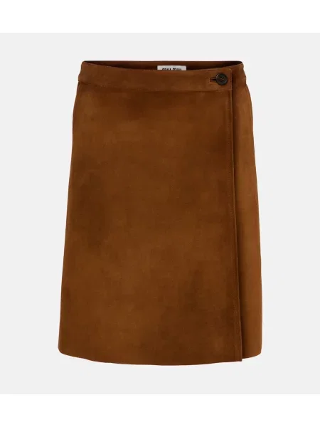 Fustă midi Miu Miu din piele de căprioară până la genunchi maro