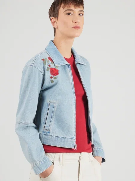 Abercrombie & Fitch Átmeneti dzseki kék farmer / olíva / rikító piros