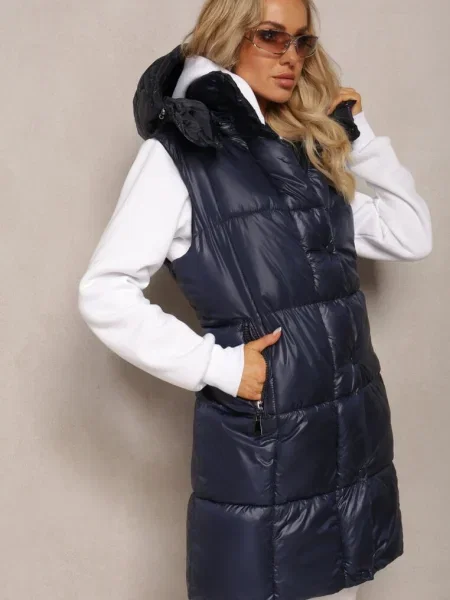 Vestă Bleumarin Matlasată cu cu și Glugă Detașabilă Cianefela