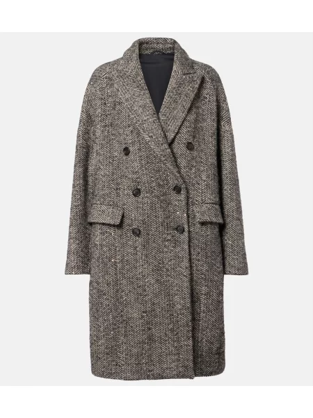 Palton Brunello Cucinelli de lână cu model herringbone maro