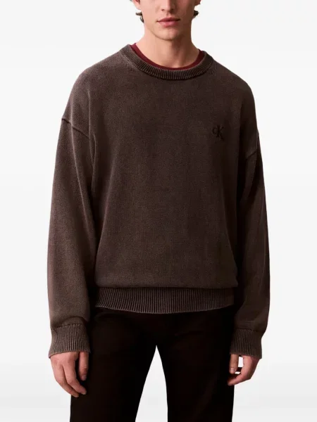 Πουλόβερ Calvin Klein με κέντημα με στρογγυλή λαιμόκοψη καφέ