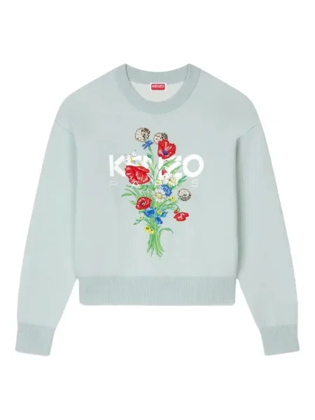 Sweter Kenzo w kwiatki z okrągłym dekoltem niebieski
