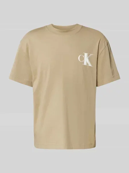 T-shirt z nadrukiem z logo i okrągłym dekoltem Calvin Klein Jeans beżowa
