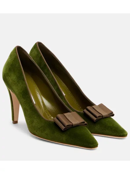 Salonarji Manolo Blahnik z lokom iz rebrastega žameta zelena