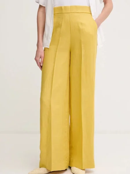 United Colors of Benetton pantaloni din in femei drept high waist galben