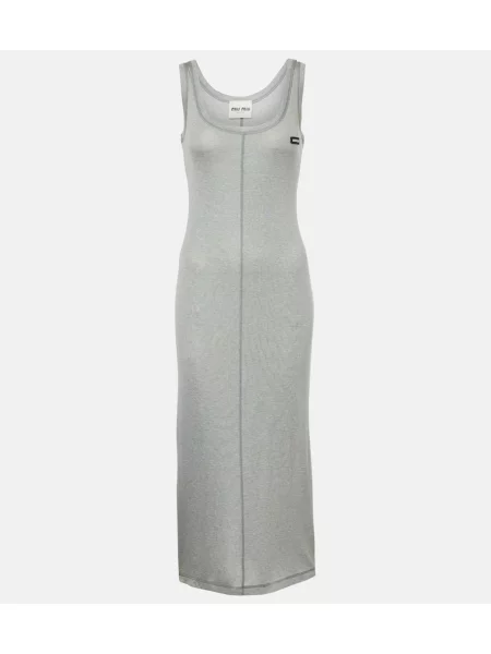 Jedwabna sukienka midi Miu Miu do kolan garniturowa szara