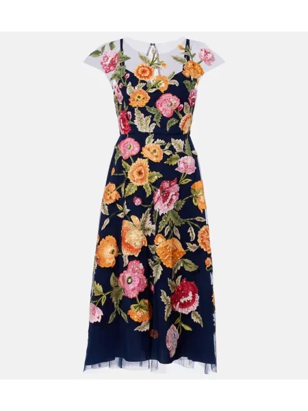Rochie midi Carolina Herrera cu model floral din tul până la genunchi albastru