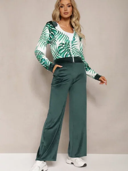 Ciemnozielony Komplet Dresowy Welurowy Bluza z Kapturem i Florystycznym Printem oraz Szerokie Luźne Spodnie Raiantise zielone