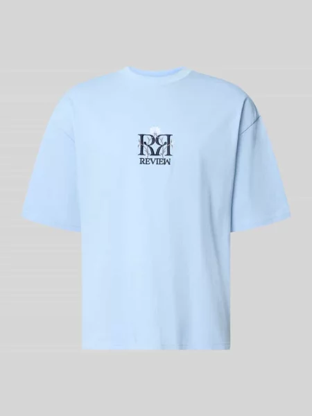 T-shirt z Wyhaftowane logo i Okrągły dekolt Review błękitna