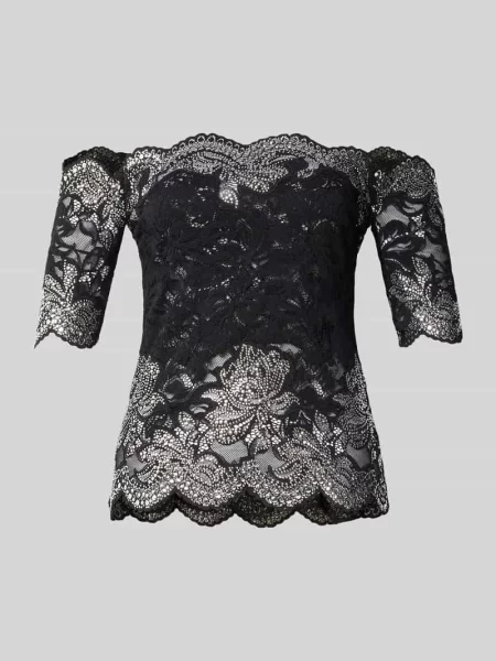T-shirt z dekoltem carmen z koronki Rabanne czarna