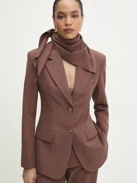 Вталено сако с шал Answear Lab с едно копче с изчистен дизайн кафяво