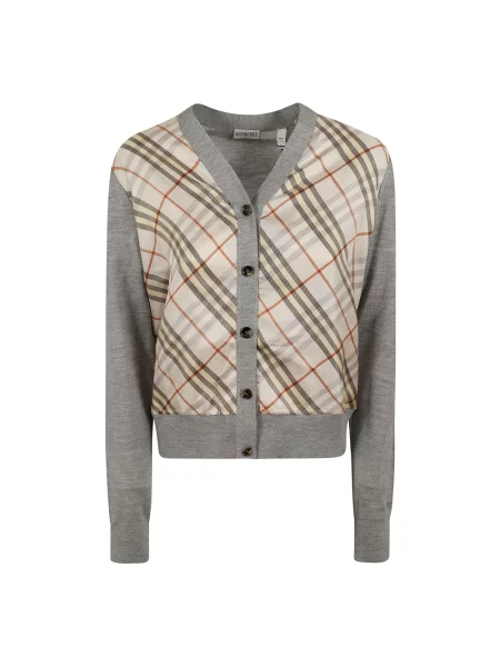 Kardigan Burberry wełniany w kratę szary