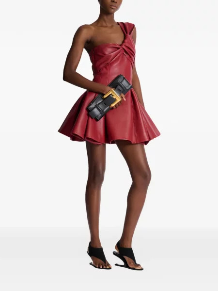 Rochie mini Balmain din piele cu un umăr gol de costum roșu